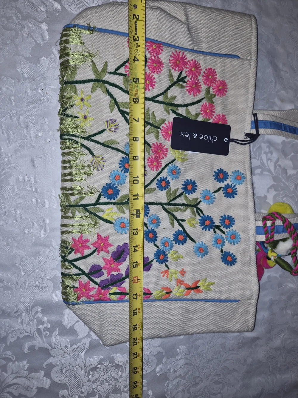 Canvas Floral Embroidered Tote with Colorful Pom-Poms - Unbranded